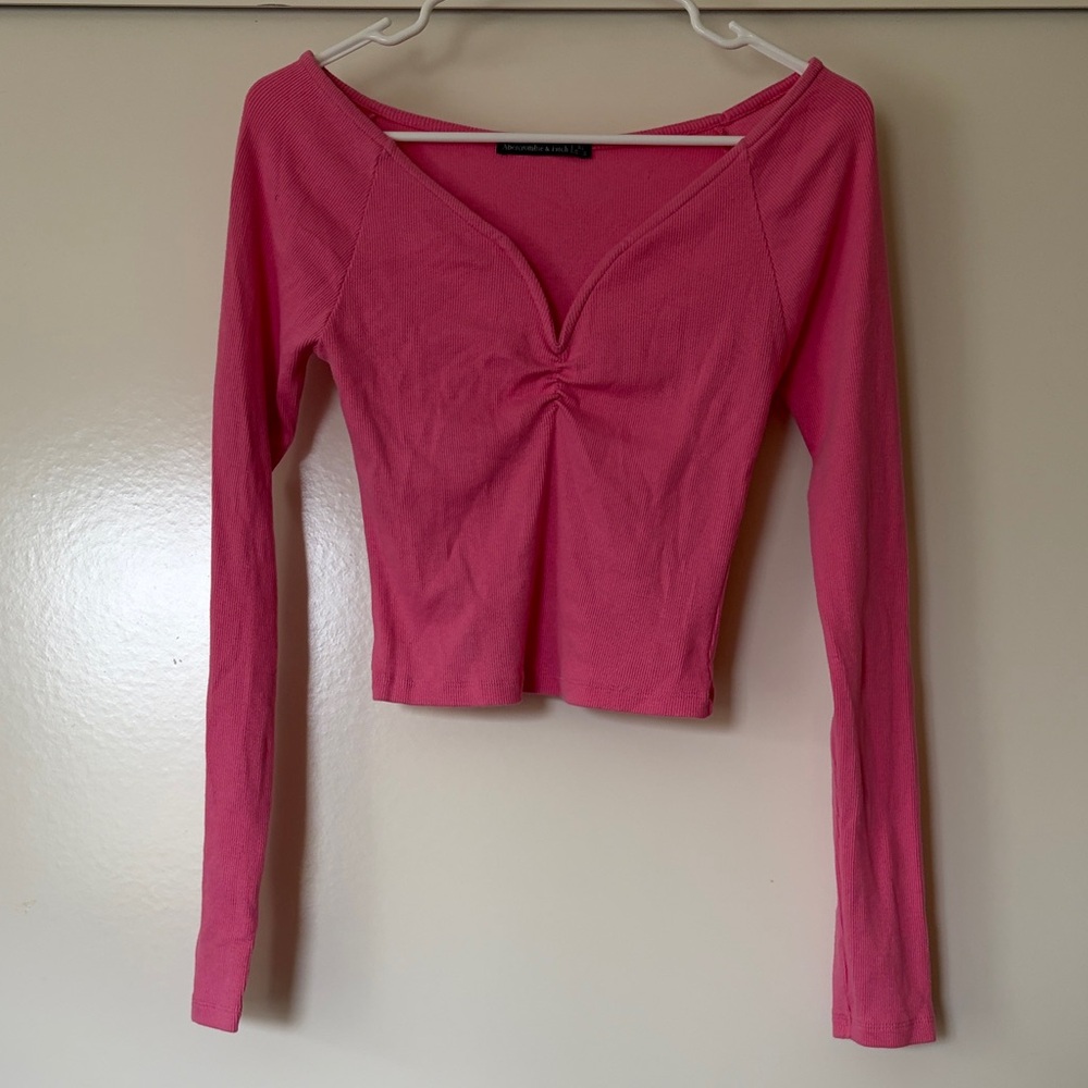 Abercrombie & Fitch Pink Ruched V-Neck Long Sleeve Top